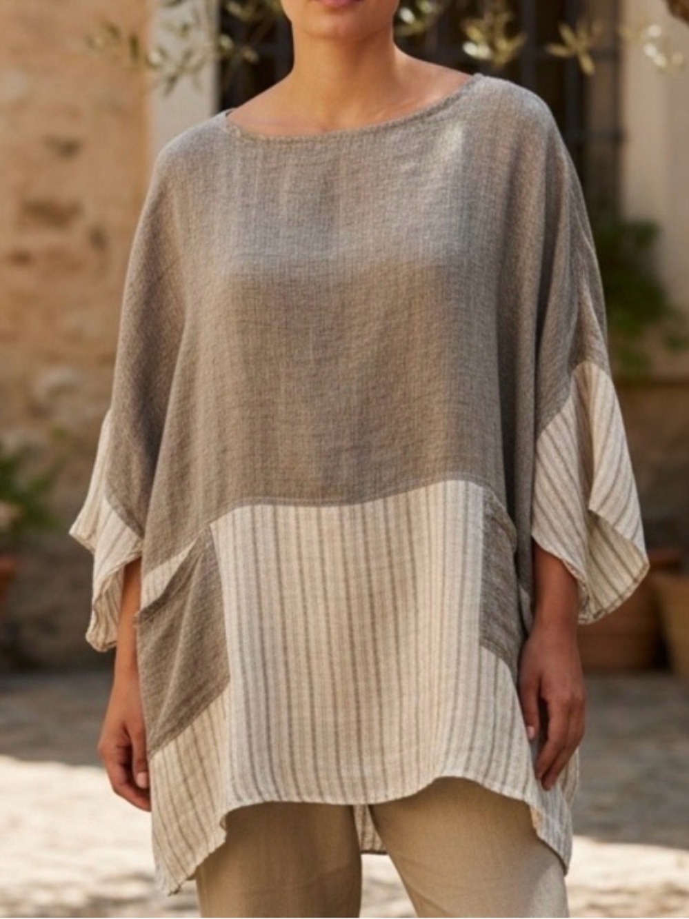 Namsar 100% Linen Colorblock Poncho Beige Tunic Oversized One Size
